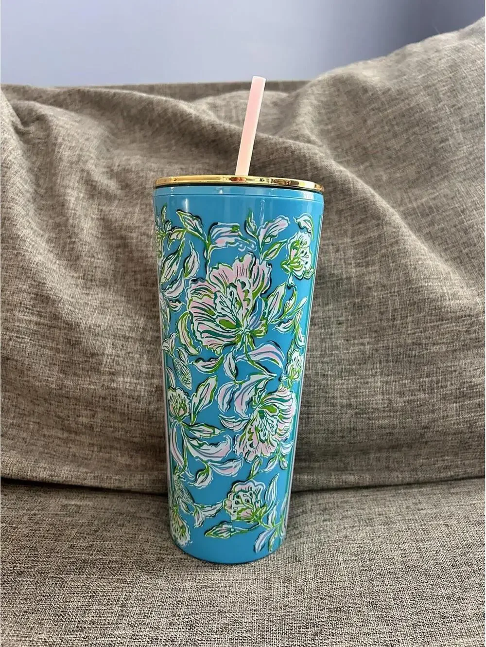 Lilly Pulitzer Tumbler In Cumulus Blue Chick Magnet Double Wall Gold Lid Straw